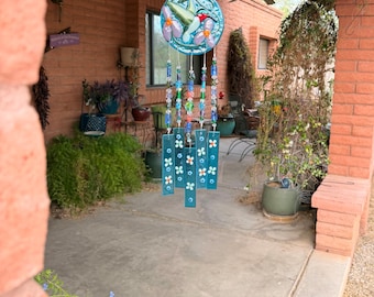 Hummingbird-Windchime-Clematis -Garden-Flower-Glass Art Design
