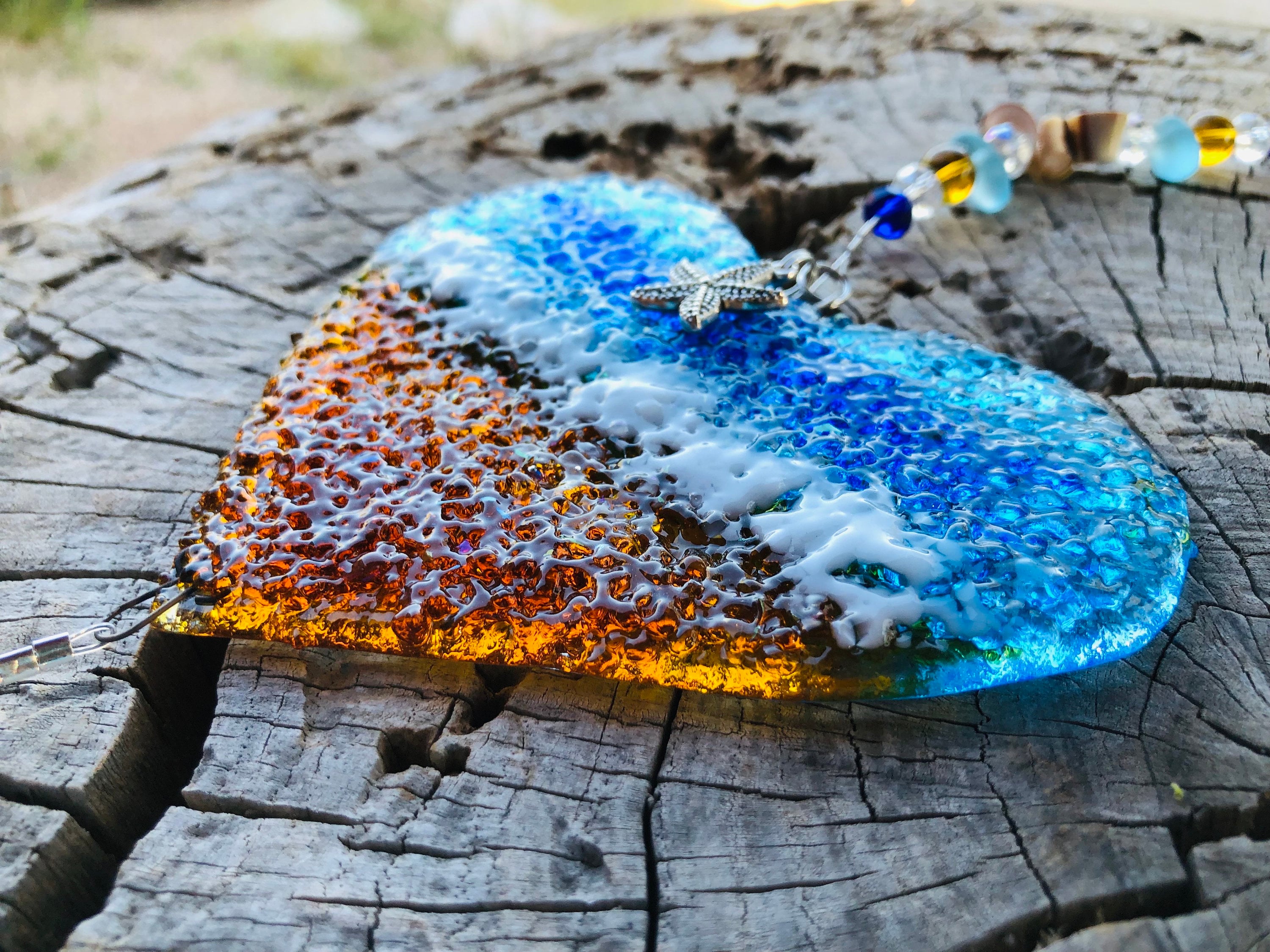Best Seller-Ocean Suncatcher Heart-Beach Glass-Seashells-Glass Prism-Starfish-Coastal Decor-Gift for Her-Handmade Fused Glass Art