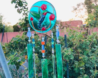 Hummingbird-Roses-Gift for Her-Windchime-Patio Decor-Garden Art-Teal Green Glass