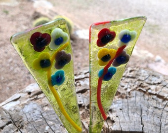 2-Floral Pokes-Gift For Her-Indoor-Outdoor Plant Stakes-Fused Glass Art