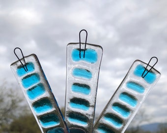 3-Blue Fused Glass Strips-Gift For Mom-Decor-Do-It-Yourself-Hanging Instructions-Yard Art