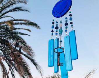 Windchime-Key-to-my-Heart-Anniversary Gift-Yard Art-Porch Decor-Glass Garden