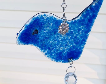 Whimsical Bird-Floral-Prism-Blue Glass Suncatcher