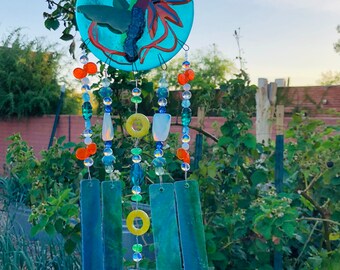 Hummingbird-Floral-Gift for Her-Windchime-Patio Decor-Garden Art-Teal Green Glass