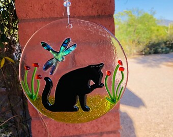 Black Cat Glass Suncatcher-Flying Dragonfly-Handmade Fused Glass Art