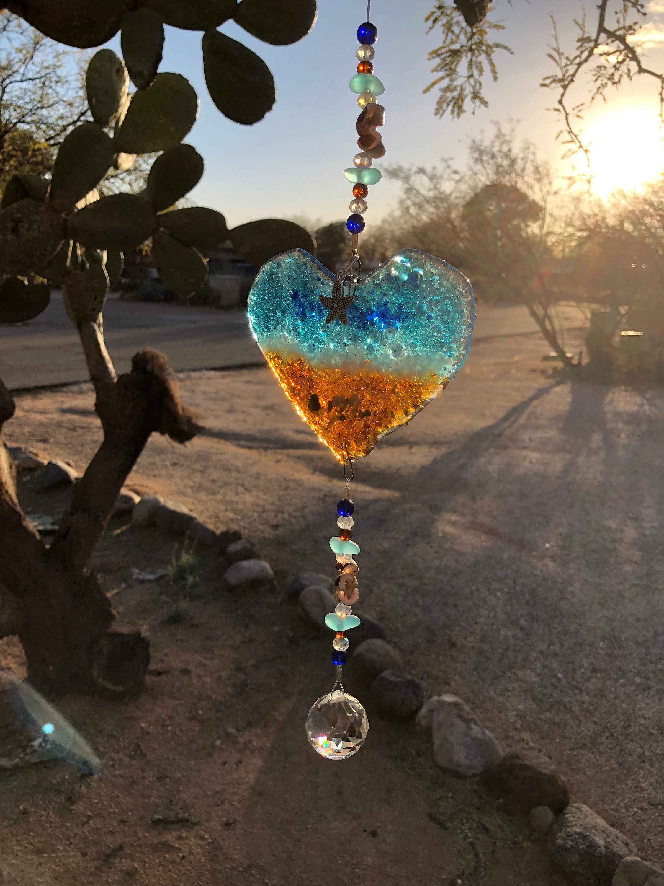 Best Seller-Ocean Suncatcher Heart-Beach Glass-Seashells-Glass Prism-Starfish-Coastal Decor-Gift for Her-Handmade Fused Glass Art