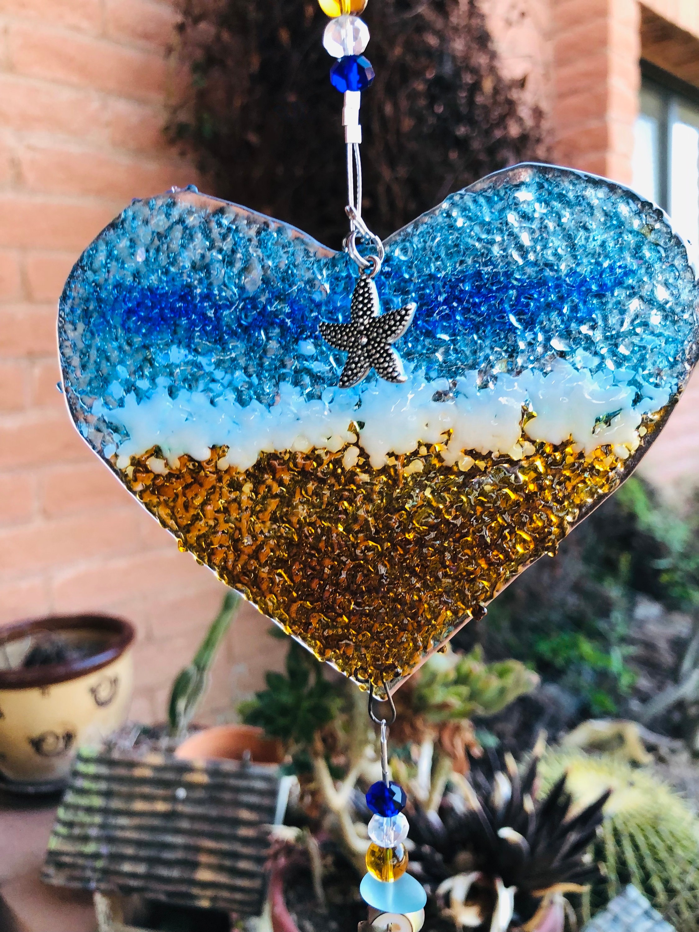 Best Seller-Ocean Suncatcher Heart-Beach Glass-Seashells-Glass Prism-Starfish-Coastal Decor-Gift for Her-Handmade Fused Glass Art