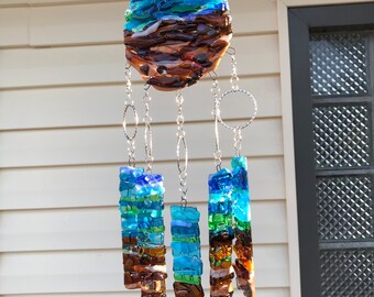 Rivers Edge Windchime-Tranquil Melodic-Calming Textured Blues-Fused Recycled Glass