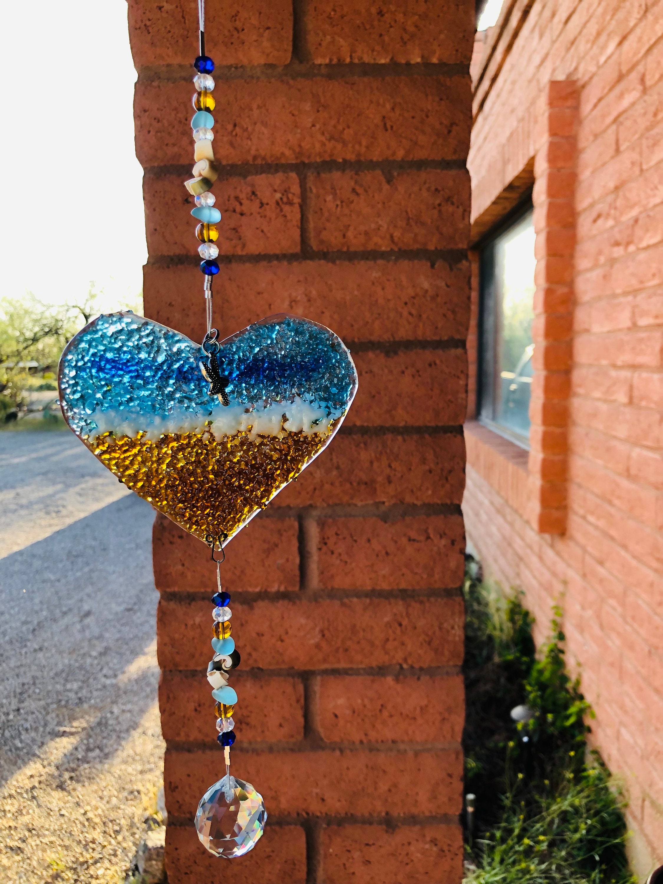Best Seller-Ocean Suncatcher Heart-Beach Glass-Seashells-Glass Prism-Starfish-Coastal Decor-Gift for Her-Handmade Fused Glass Art