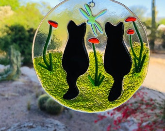 Purr-fect Cats-Dragonfly-Poppies-Gift Glass Suncatcher-Hanging Fused Glass Art