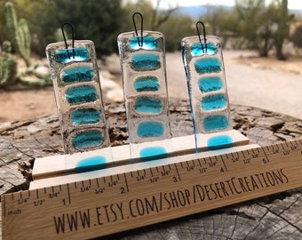 3-Blue Fused Glass Strips-Gift For Mom-Decor-D-I-Y Hanging Instructions-Yard Art