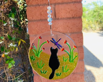 Cat Floral Meadow-Dragonfly Suncatcher-Window Ornament  Glass Art