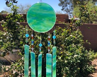 Lake View-Windchime-Beach House Decor-Wispy Teal Green Glass