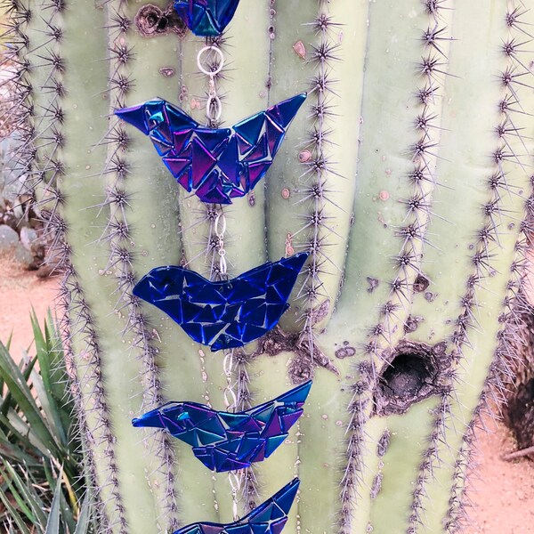 2ft-Bird-Rain-Chain-Mobile-Colorful Blue-Mosaic-Fused Glass-Patio Decor-Garden Art