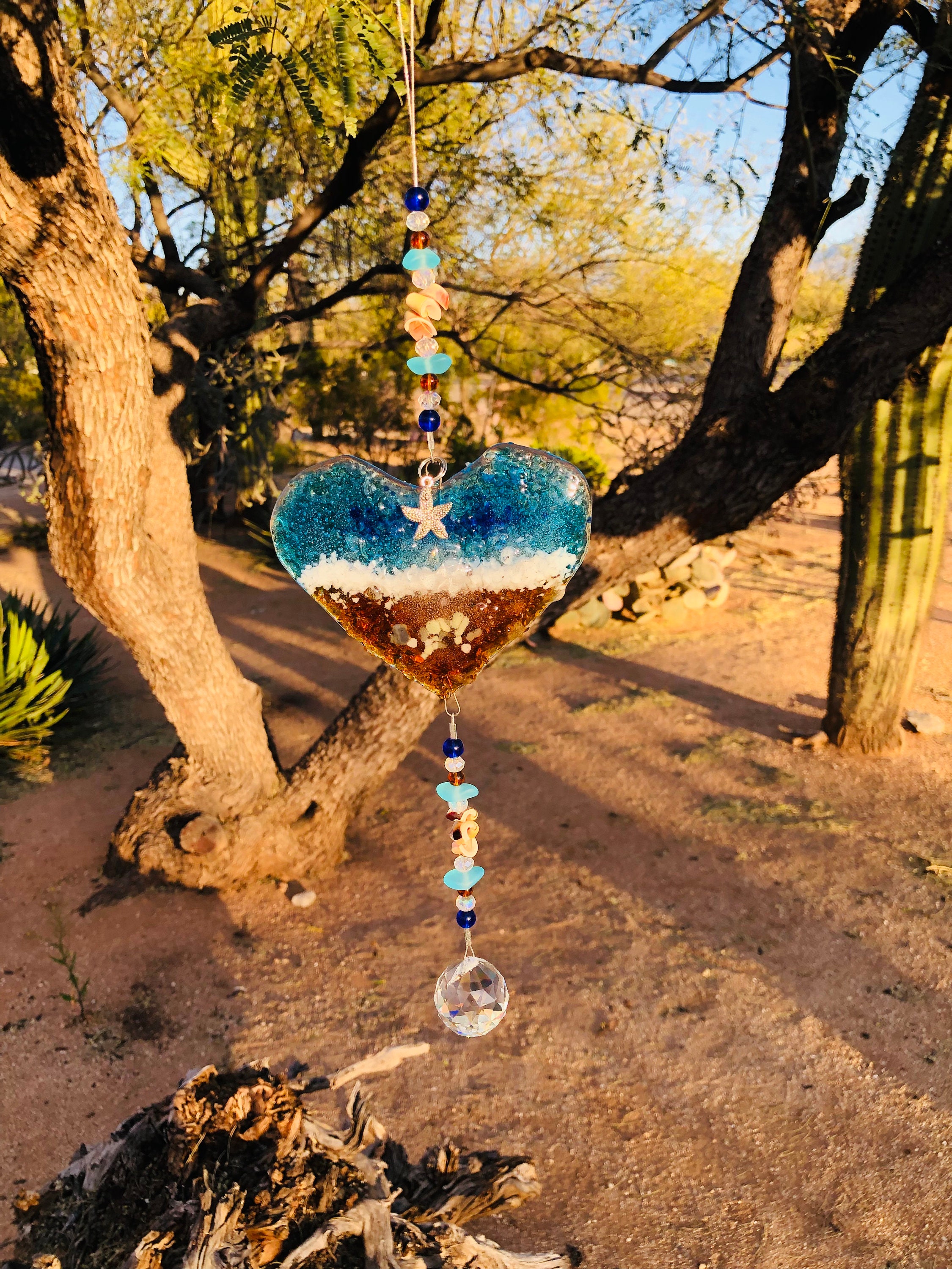 Best Seller-Ocean Suncatcher Heart-Beach Glass-Seashells-Glass Prism-Starfish-Coastal Decor-Gift for Her-Handmade Fused Glass Art