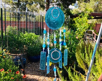 Botanisch-bloemenblauw glas windchime cadeau voor haar-patio decor-tuinkunst