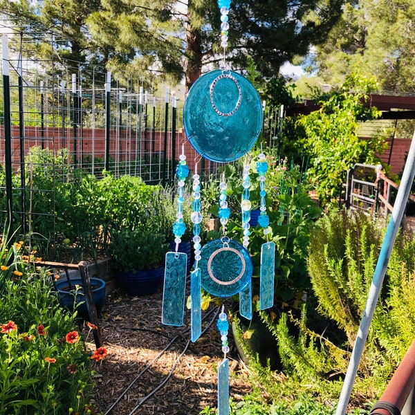 Botanical-Floral Blue Glass Windchime Gift for Her-Patio Decor-Garden Art