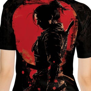 Women's Red Sun Samurai Short Sleeve Rash Guard, Surf Swim Yoga Beach Martial Arts Shirt