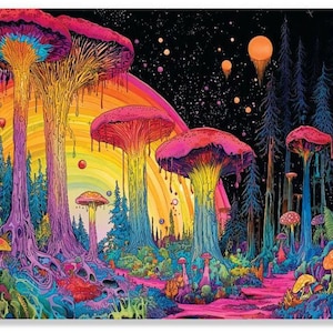 May include: A colourful psychedelic art print depicting large mushrooms in a forest. The artwork features a rainbow, a starry night sky, and a variety of colours including pink, purple, yellow, and blue. The image evokes a whimsical and fantastical theme.