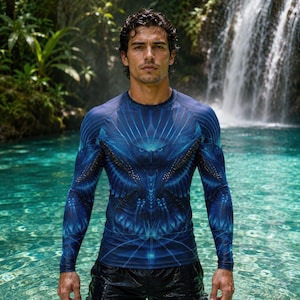 May include: A long-sleeved blue shirt with a detailed avian design. The shirt features a symmetrical pattern with shades of blue and black. The person is standing in clear water with a waterfall in the background.