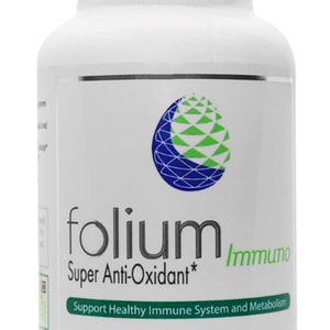 May include: White bottle with a green and blue logo that says "folium Immuno Super Anti-Oxidant*" and the text "Support Healthy Immune System and Metabolism Dietary Supplement | 90 Capsules"