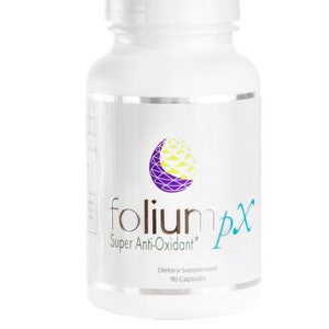 May include: White bottle with a silver label and a purple and yellow logo. The label reads "folium px Super Anti-Oxidant* Dietary Supplement 90 Capsules".