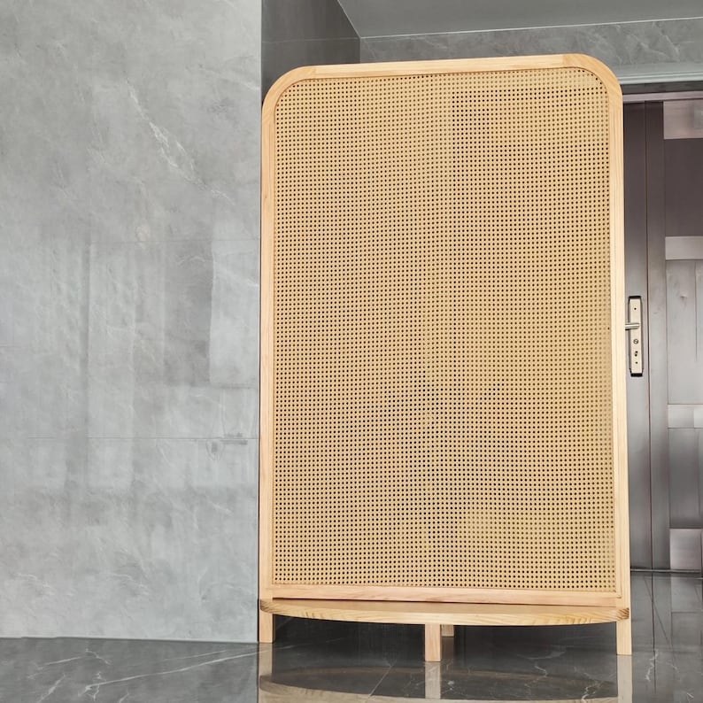 Mid Century Modern Wabi Sabi Wood Cane Panel Privacy Screen | Room ...