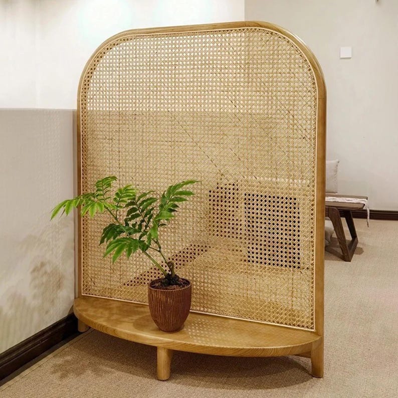 Mid Century Modern Wabi Sabi Wood Cane Panel Privacy Screen | Room ...