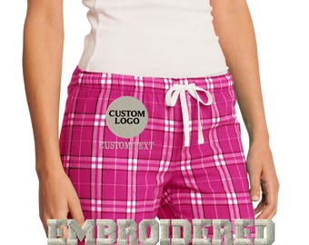 Custom embroidered women’s flannel pants – personalized plaid lounge gift with name logo or monogram