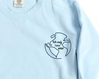 One Planet Embroidered Comfort Colors Sweatshirt, Earth Day Unity Gift, KingArtDesigner