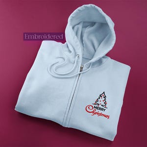 Embroidered "Merry Christmas" Full Zip Hooded Sweatshirt for the Holidays - Design, KingArtDesigner