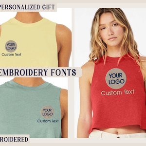 May include: Four sleeveless shirts with a round logo that says "YOUR LOGO" and the text "Custom Text" below the logo. The shirts are in four different colors: yellow, red, green, and blue. The text "12 EMBROIDERY FONTS" is displayed above the shirts. The text "PERSONALIZED GIFT" is displayed above the top left shirt. The text "EMBROIDERED" is displayed below the bottom left shirt.