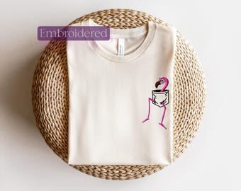 Embroidered Flamingo Bella Canvas T-Shirt: Pocket Design