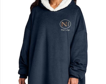 Custom Logo Wearable Blanket, Embroidered Oversized Hoodie, Company Logo Sherpa Blanket, Corporate Team Gift, Cozy Apparel, KingArtDesigner