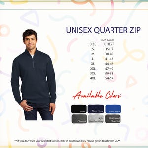 a picture of a man wearing an unisex quarter zip sweater