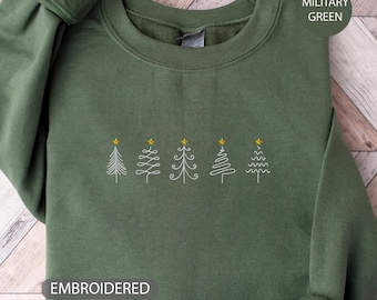 Embroidered Christmas Trees Sweatshirt, Holiday Gift, Cozy Crewneck, KingArtDesigner
