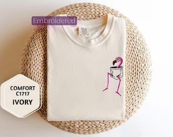Embroidered Flamingo Long Sleeve Shirt – Comfort Colors Pocket Design