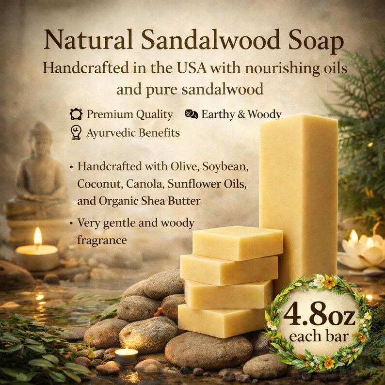 以下が含まれることがあります： 「Natural Sandalwood Soap」と「4.8oz each bar」の文字が入った、天然のサンダルウッド石鹸の山。石鹸は米国で手作りされ、栄養のあるオイルを使用しており、穏やかなウッディな香りです。