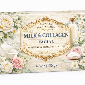 May include: A box of Milk & Collagen Facial product, decorated with roses and other flowers. The box has the text "ALL NATURAL BEAUTY & HEALTH" and "MILK & COLLAGEN FACIAL". The box contains 4.8 oz (136 g) of product.