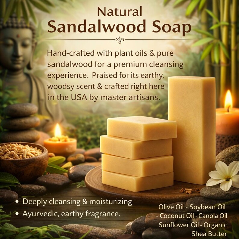 以下が含まれることがあります： 「Natural Sandalwood Soap」の文字が入った、明るい茶色のサンダルウッド石鹸。画像には、仏像、キャンドル、オリーブオイルやシアバターなどの材料も含まれています。