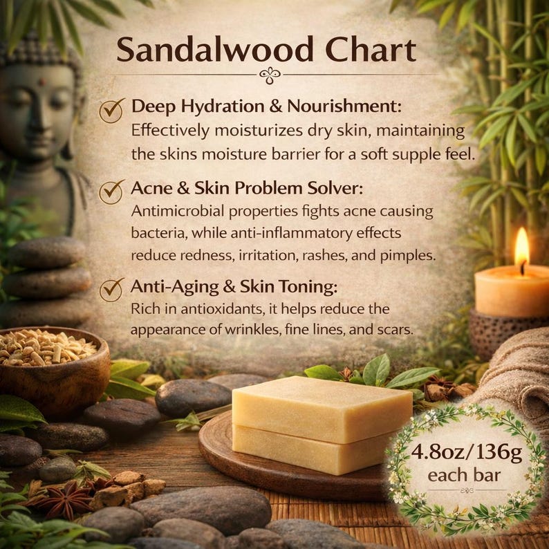 以下が含まれることがあります： 「Sandalwood Chart」の文字が入った木製のプレートに重ねられた2つのサンダルウッド石鹸。各バーは136gです。画像には、火のついたろうそく、仏像、その他の自然要素が含まれています。