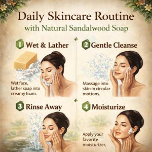 以下が含まれることがあります： 「Daily Skincare Routine with Natural Sandalwood Soap」のテキストが入った、毎日のスキンケアルーティンのイラスト。ステップは、濡らして泡立てる、優しく洗う、すすぐ、保湿する、の4つで、それぞれ女性が実践している様子が描かれています。