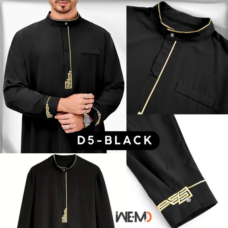 Modern men’s black thobe with diagonal gold trim, buttoned collar, chest pocket and embroidered cuffs. Stylish Islamic thobe for men, also known as Arabic thobe, Saudi thobe, jubbah, jubba or dishdasha. Contemporary Muslim clothing suitable for prayer, Ramadan and special occasions.
