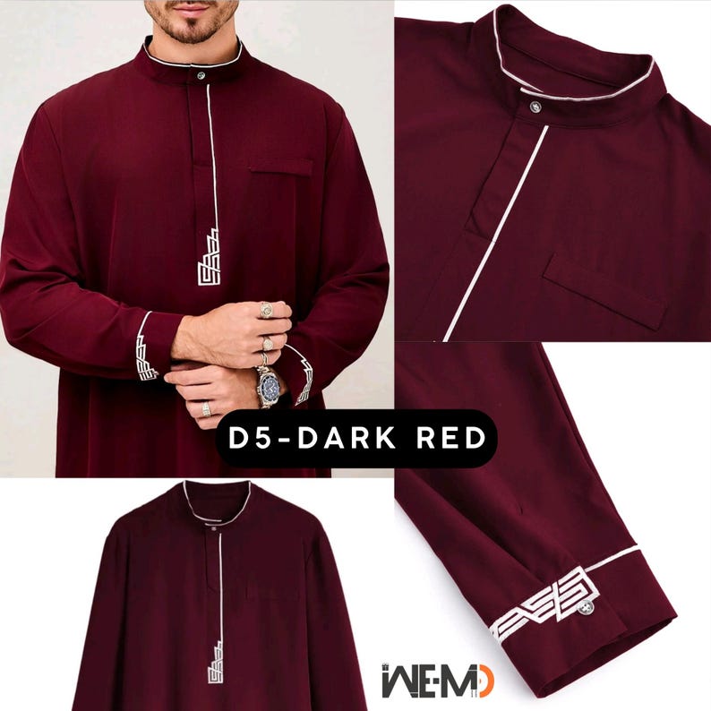 Men’s dark red thobe with modern diagonal front detail, white trim on collar and cuffs, and chest pocket. Contemporary Islamic thobe for men, also called Arabic thobe, Saudi thobe, jubbah, jubba or dishdasha. Elegant Muslim clothing for Eid, Ramadan and special events.