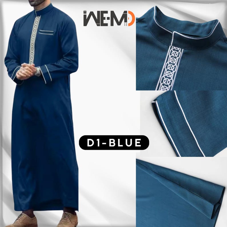Men’s blue thobe featuring white embroidery on the front, matching collar and cuff details with chest pocket. Arabic thobe for men, also called Islamic thobe, Saudi thobe, jubbah, jubba or dishdasha. Stylish Muslim clothing for prayer, Ramadan, Eid and everyday wear.