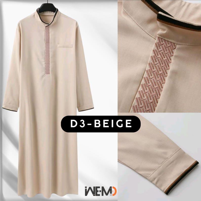 Men’s beige thobe with clean design and subtle embroidered front detail, high collar and chest pocket. Classic Arabic thobe for men, also called Islamic thobe, Saudi thobe, jubbah, jubba or dishdasha. Comfortable Muslim clothing ideal for daily wear, prayer, Eid and Ramadan.