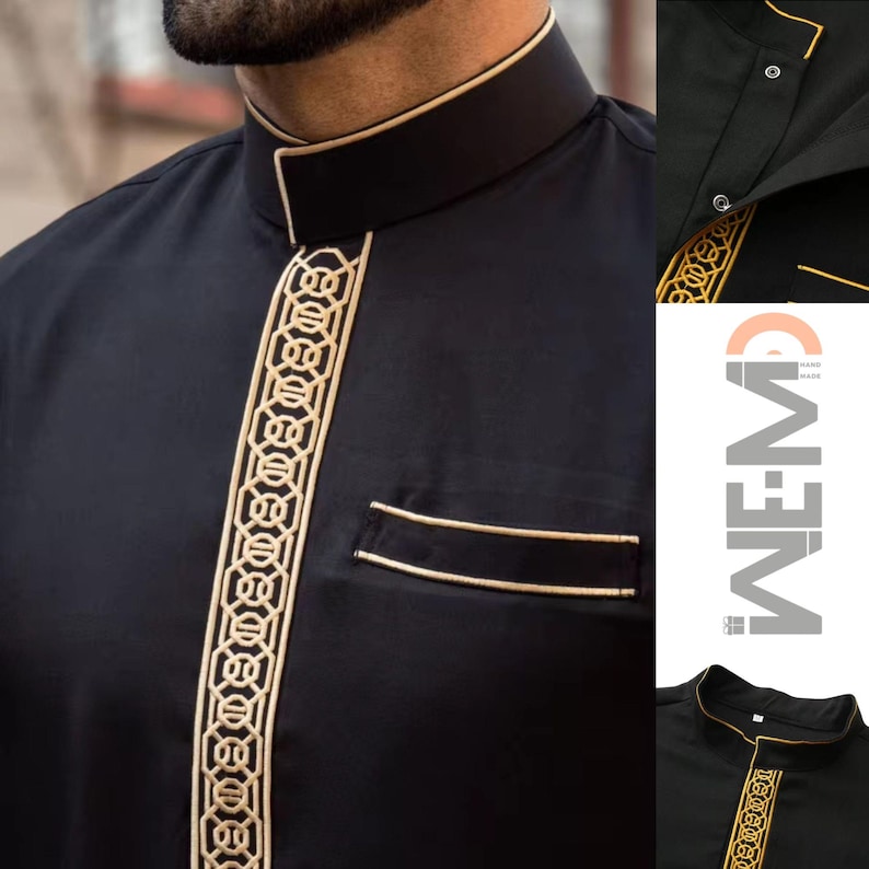 May include: Black long-sleeve shirt with a gold trim around the collar, cuffs, and pocket. The shirt has a decorative gold pattern down the front.