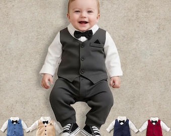 Eleganter Baby Smoking Strampler mit Fliege und eingebauter Weste, Baumwolle Langarm Strampelanzug 0-18 M für Hochzeiten, Partys, Fotoshootings Erster Geburtstag