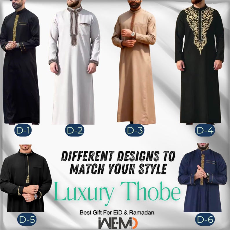 May include: Six men's thobes in blue, gray, white, and black with gold trim. The text "Luxury Thobe" and "Best Gift For Eid & Ramadan" are displayed below the images
