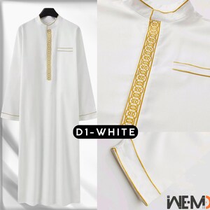 Men’s white thobe with gold embroidered front panel, refined collar details and chest pocket. Traditional Islamic thobe for men, also known as Arabic thobe, Saudi thobe, jubbah, jubba or dishdasha. Elegant Muslim clothing perfect for Eid, Ramadan, prayer and formal gatherings.